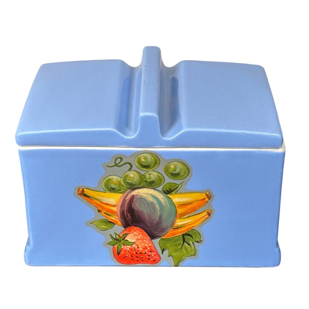 Hall China Coldspot Refrigerator Dish Blue Ceramic Fruit Decal Storage Vintage
